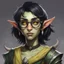 Placeholder: dnd, portrait of cute young orc-elf hybrid femboy, black hair, short hair, curled hair, hair covering one eye, emo hair, round glasses, tusks, sharp teeth, yellow eyes, flat chest, mage, magic, nose ring, pierced ears