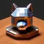 Placeholder: isometric, voxel dog, on shiny wooden table