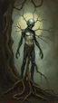 Placeholder: Bosch painting style nightmare, a man with legs looks like tree roots , his head is robot head , dramatic sad scene, fantasy,