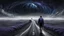 Placeholder: A solitary androgynous figure seen from behind, carrying an oversized heavy dark backpack, walking alone along a long winding road floating on a vast dark sky. Surreal abstract dreamscape, the road curving into endless darkness, abyss, mist, uncertainty and emotional weight, alone caracter, black gray, Dark blue, charcoal and muted purple tones, deep sky, digital art, etheral, atmospheric