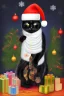Placeholder: a black cat is decorating a christmas tree in the kitchen