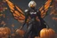 Placeholder: Monarch venom with pumpkin head in nier automata artstyle, halloween them, close picture, fantasy world, intricate details, highly detailed, high details, detailed portrait, masterpiece,ultra detailed, ultra quality