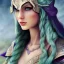 Placeholder: beautiful elven ranger queen with purple armor, delicate cyan braided hair, green glass eyes, white flowing dress, highly detailed, 8k, ambient light, taylor swift