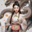 Placeholder: Bitcoin cryptocurrency in the hands of a traditional chinese girl, dragon