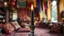 Placeholder: close up dark, black flame in an antique candlestick, which is in front of an oriental background, oriental colors and objects, in the background blur pillows on the floor, and colorful scarves hanging from the ceiling, the sharp focus is on the black flame, high realistic photo