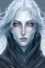 Placeholder: Hyper-realistic, highly detailed portrait, inspired by Yoshitaka Amano and Artgerm. Emphasize distinctly elven features: elongated, pointed ears and ethereal face. Woman with light grey, shoulder-length hair, light grey eyes, and chalky white skin. Dark fantasy attire: black scarf, black robe, bare arms.