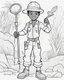 Placeholder: coloring page, depicting a black boy as a Archaeologist, full body, outline, black and white, highly defined, white background, empty background, cartoon style, coloring book style