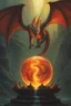 Placeholder: magic orb full of dragon fire. dragon with huge cloned wings. perfect claws. fantasy setting. concept art, intricately detailed, color depth, dramatic, colorful background. painted by Julie Bell