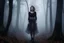 Placeholder: full-height shot of a young witch in a tight black skirt, in a wood, with mist