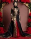 Placeholder: Full length Luxury potrait of a beautiful super model hijab beauty makeup cosmetic,she wearing islamic a luxurious details pattern color gold and black casual jacket with designed large flower details that resemble roses.The dress has an asymmetrical design with one sleeve and a flowing skirt.background of the image shows a red carpet event with floral decorations,close-up portrait