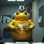 Placeholder: in front the camera be seen up to the waist a fat yellow-green color angry anthropomorphic frog in simple human cloths and take his hands many paper in office, on the wall hang an wall board with some written sheets of paper, behind in background an big strong anthropomorphic gray rhinoceros standing in blue jeans , t-shirt behind in halb open door , dark colors, detailed 3d, sci-fi, fantasy mood