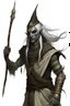 Placeholder: Ahs genasi from dnd with ashesen skin and asian flowing hair on head holding a spear in Monk attire with ash giant symbolism