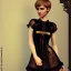 Placeholder: Russian short hair beautiful tomboy boyish boylike wide hips round hips shortcut in black girlish lacy dress in restaurant