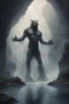 Placeholder: A giant creature with open arms with a Smokey texture standing in a water in front of a mythical cave in granite volcanic mountain . Busch painting style