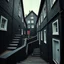 Placeholder: Fotografia di strada assurda e falsa orripilante blu weirdcore dai colori vivaci, liminalcore. Escher. Incubo. Confusione geometrica. Scale che scendono. Yves Tanguy. Non luogo falso, inusuale. Le case sono false e dipinte di nero chiaro con cose stilizzate e dettagli. Ci sono finestrelle false quadrate, che danno un senso distopico e molto surreale, disposte in modo casuale. L'atmosfera generale sembra noiosa e onirica, con un contrasto tra elementi reali ed elementi dipinti falsi, René Magritt