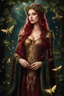 Placeholder: Burgundy hair, dark hair,dark red , rapunzel hair,very long hair,dark fairy princess,elven crown,night,dragonflies,beautiful,ong ashes,golden armor ,sparkle,night blooming,ivy,dark green,lilly of valley,golden elven crown,elven warrior,dark gold armor