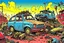 Placeholder: totalcar broken smoking car in the wrecking yard, accident, traffic engine, psyco, borderlands, cartoon
