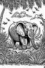 Placeholder: A black-and-white outlined drawing of a wild elephant eating bananas from trees for kid's colouring books