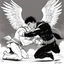 Placeholder: [comic book art by Le Tendre et Loisel] Jacob wrestling with angel