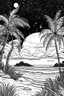 Placeholder: moonlit beach with starlit palm trees, in black and white with distinct lines, perfect for an adult coloring book, contour, vector, clean line art, isolated on a white canvas