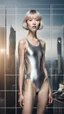 Placeholder: beautiful anorexic asian woman, total shot, shiny silver triathlon swimsuit, short blond wavy bob hair, blurred city background