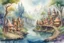 Placeholder: fantasy watercolor painting of an elf village with buildings made from trees. Forest background along a riverbank with a small dock.