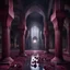 Placeholder: Hyper Realistic Maroon Crystals Inside a Dark Abandoned Mosque with beautifully crafted pillars at Rainy night