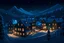 Placeholder: A winter night scene in a mountainous area, where modern houses are blanketed in snow. The warm lights from the windows make the inside feel cozy. This is different from the cold, blue snow outside. The dark night sky and surroundings make the houses' lights stand out. You can tell people are around because of the lights and the paths in the snow.