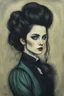 Placeholder: create a 3/4 profile, full body oil pastel of a dark haired, savage, ornately dressed, gothpunk vampire girl with highly detailed , sharply defined hair and facial features , in a foggy 19th century Moscow, in the style of JEAN-FRANCOIS MILLET and MARY CASSATT