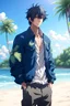 Placeholder: [Waterscape] The beautiful and perfect portrait is on the tropical island, in springtime, anime, a casual, male character with a jacket and pants on the beach for the magazine, 8K resolution, high quality, ultra graphics, and power lines.