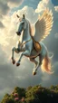 Placeholder: A very beautiful all shiny white horse with wings and golden crystals Horse saddle. on his back flying in the cloudy sky above the plant earth , Bosch nightmares style painting, 4k, very hood quality picture