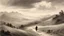 Placeholder: artwork about a lonely man walking meandering countryside hills in the far distance, painted by thomas moran and albert bierstadt. monochrome color scheme.
