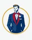 Placeholder: A circular logo with a vector of a groom in a formal suit at the top of the logo in a blue, red, white, gold, and silver color theme.