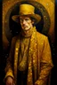Placeholder: beautiful painting of a extremely handsome man in a golden cape and yellow hat, with multiple eyes on his body in the style of Gustav Klimt. full body portrait features geometric shapes, beautiful colors, golden light, and a dark background. the composition is beautiful, with sharp focus and high resolution.
