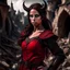 Placeholder: a beautiful tiefling woman with a kind face and dark hair in a sleeveless battle outfit, amidst the ruins of a medieval town destroyed by war, photo quality, the whole scene in dark red colors