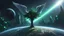 Placeholder: matrix universe, space, planets, god creation, angels from other dimensions with beautiful wings, trees on the planet, behind green crystals of light, few tiberium monolith deposits on the planet near tree,