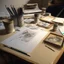 Placeholder: A photograph of a drawing table with cards on it and drawing tools