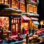 Placeholder: Close-up photograph of a diorama building, city, store, advertising, land-of-toys with detailed vintage toys made of cake-frosting and felt, strong texture, extreme detailed, movie shot, rich moody colors, sparkles, night, nightmare