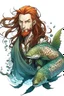 Placeholder: fish scaled determined wet pirate nereid male with seaweed in long auburn hair