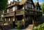 Placeholder: large medieval gothic, wooden inn, with a balcony, next to a sloping, cobbled road, in a wood, dense foliage, photo-realistic