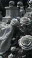 Placeholder: A grave above it a white lace scarf and white roses. Cinematic picture