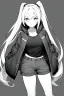 Placeholder: blonde girl with ponytails dressed in a jacket and shorts walks proudly, greyscale