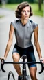 Placeholder: photography of a beautiful anorexic woman, grey satin triathlon top, brunette wavy bob haircut, flat chest, grey satin cycling leggins