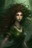 Placeholder: mythological, fairy-tale wood elf, hectic, rushing, dark-green skin, wild & curly hair