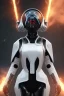 Placeholder: Black intergalactic pilot suit Quorra, portrait, bright white eyes, wearing high tech pilot face mask, beautiful face, white smoke, dark, rage, sorrow, high definition, ultra 8 k, volumetric lighting, blue fire, fog