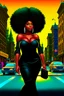Placeholder: Create a oil painting cartoon image of a curvy black female walking thru the city streets wearing a black off the shoulder jumpsuit. Prominent make up with brown eyes. Highly detailed tight curly black shiny afro