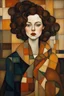 Placeholder: Woman in the cubism style of argon Schiele + Gustav Klimt. Rich, lovely colors, full cubism style