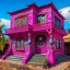 Placeholder: A purplish magenta house with a mystic crystal ball designed in Mehndi design painted by Pablo Picasso