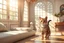 Placeholder: 3D characters, an elegant pretty young woman in an elegant beige-white-brown room S<AI in sunshine, cute tabby cat