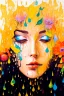 Placeholder: acrylic portrait of a woman, lush hair, rain, flowers, umbrella, autumn, paint blots, splashes, tears, plants, yellow, blue, green, orange colors